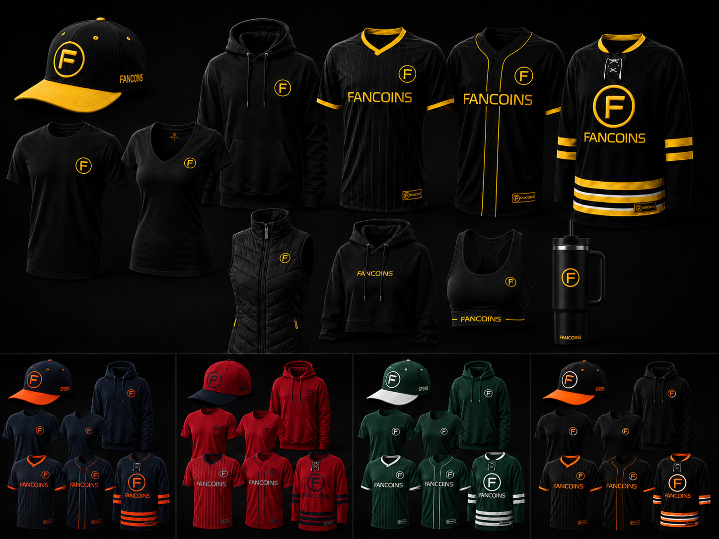 Fancoins apparel in multiple team colorways: caps, tees, hoodies, vests, and soccer, baseball, and hockey jerseys