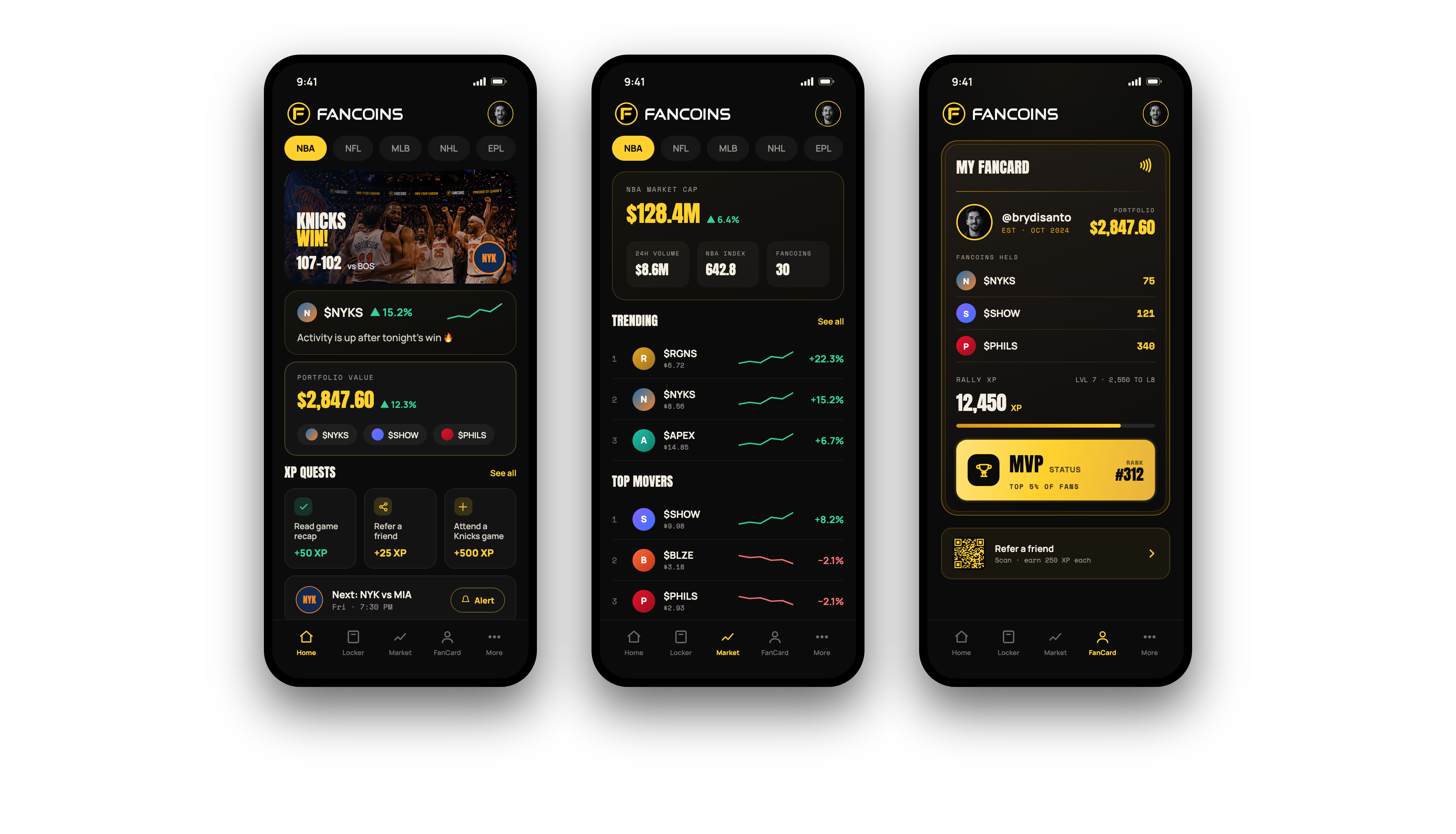 Fancoins app preview across three phone screens
