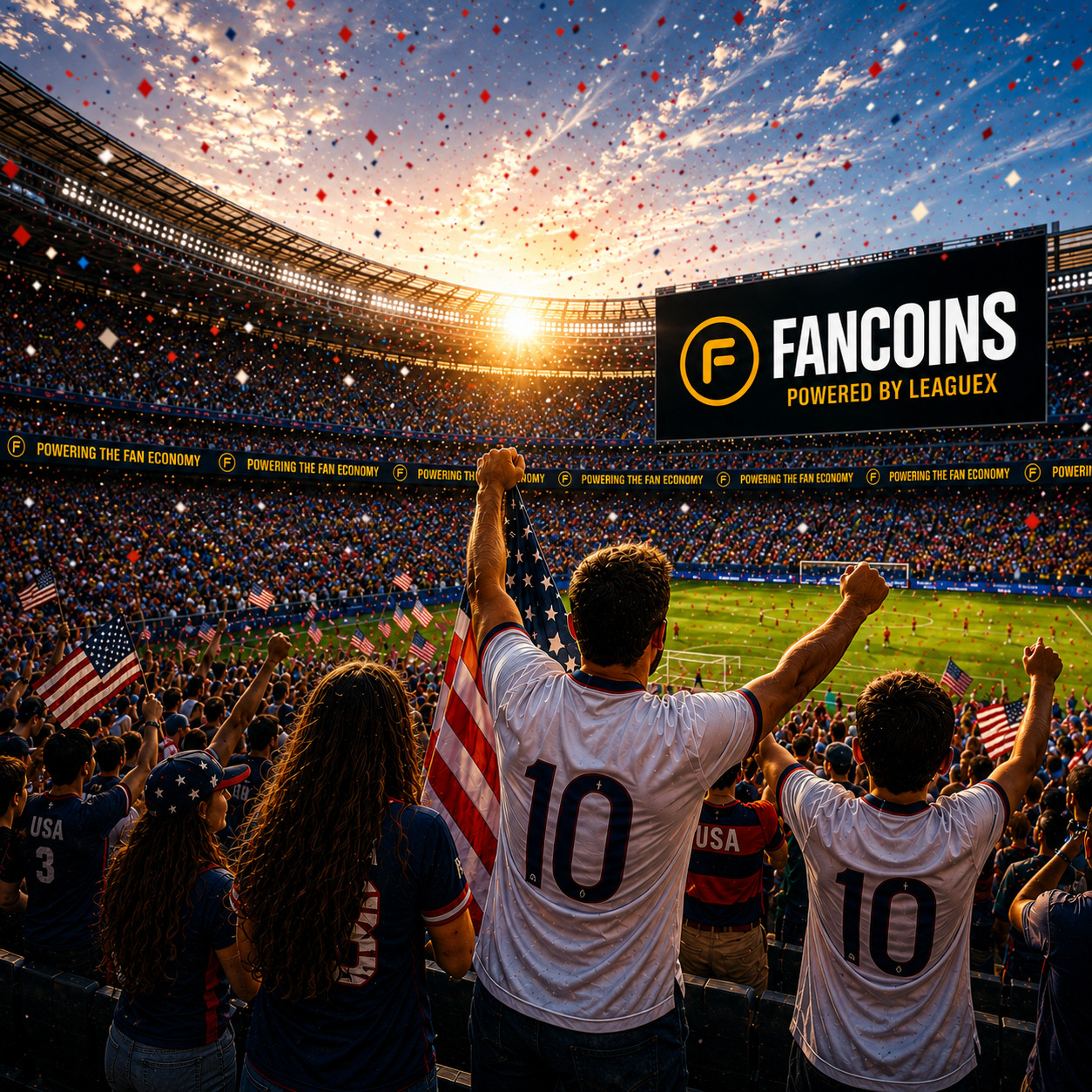 USA fans celebrating beneath the Fancoins billboard